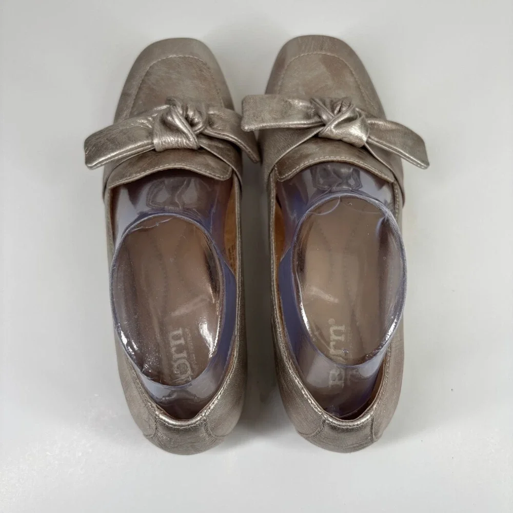 Born Carrine Women's US 7.5M Pewter Metallic Leather Bow Comfort Slip-On Loafers